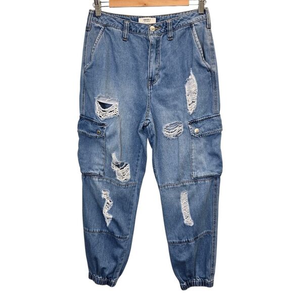 Forever 21 Distressed Cargo Jeans Women’s 27 Medium Wash High Rise Jogger Pants - Picture 1 of 16